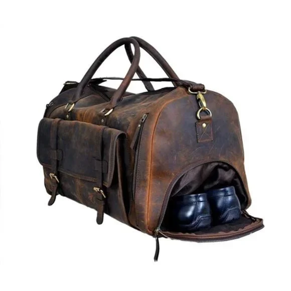 24 Inch Genuine Leather DuffelTravel Overnight Weekend Leather Bag for Men